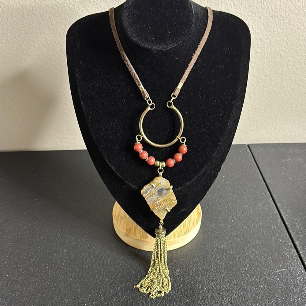 Vintage Boho Stone Tassel Leather Adjustable Cord Long Necklace